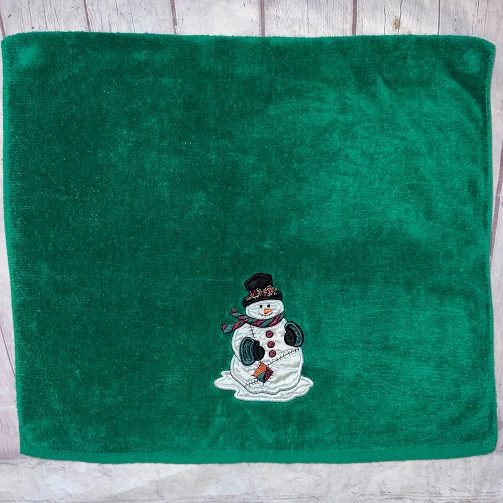 Vintage Holiday Bathworks Towel Snowman Appliqué Green 22 x 38